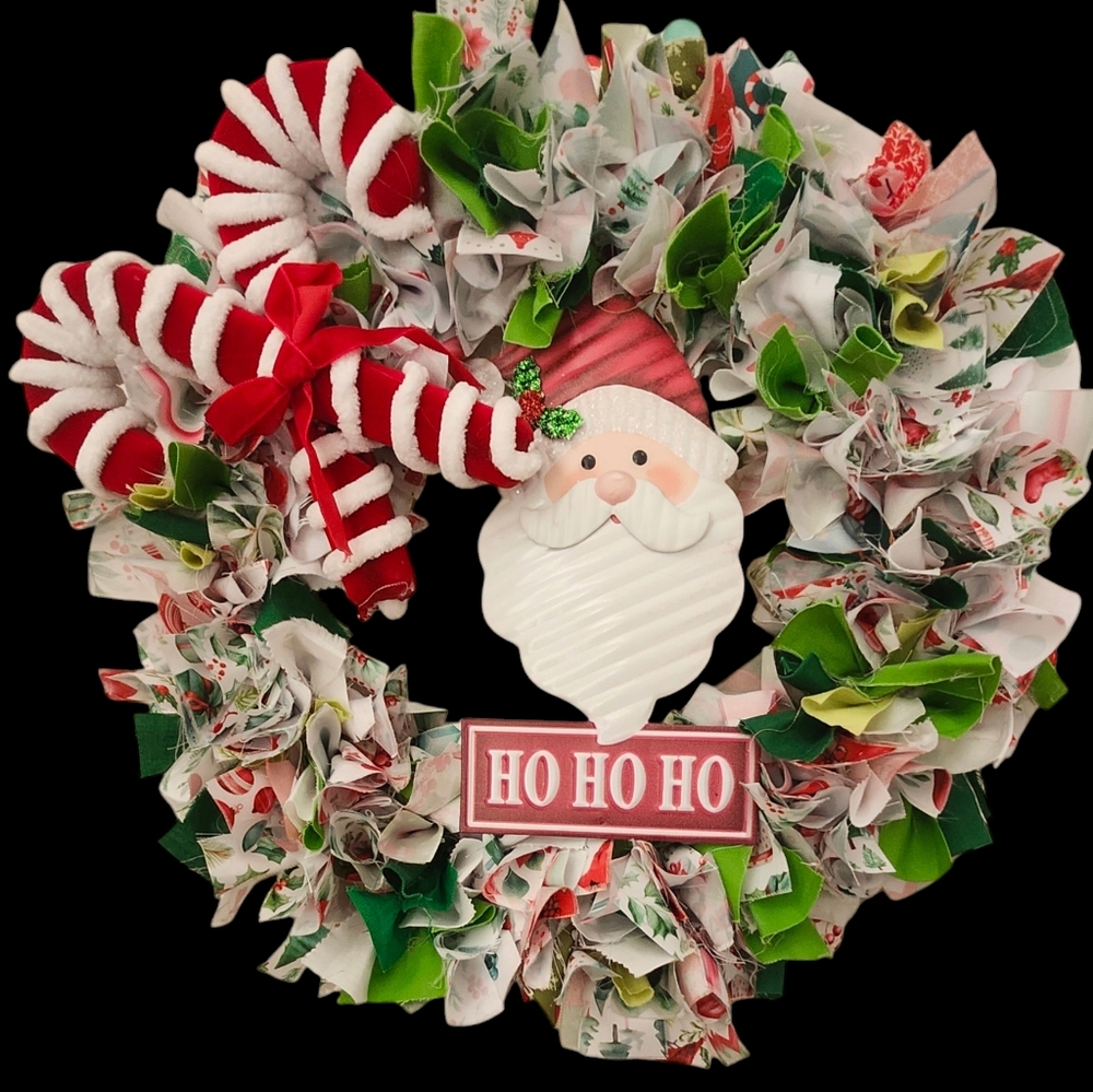 12" Christmas Rag Wreath Santa Face & Candy Canes with Green Lights - Picture 4 of 9